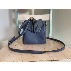 Mellow World Crossbody Purse Small Blue Vegan Leather Tassel Detachable‎ Strap